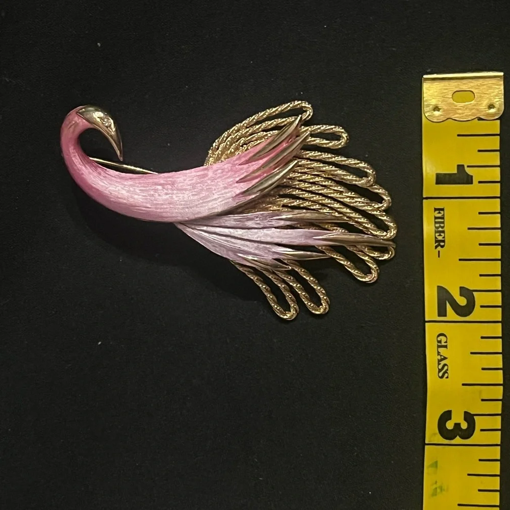 Vintage Gold Tone Stylized Bird Brooch with Pink and Purple feathers